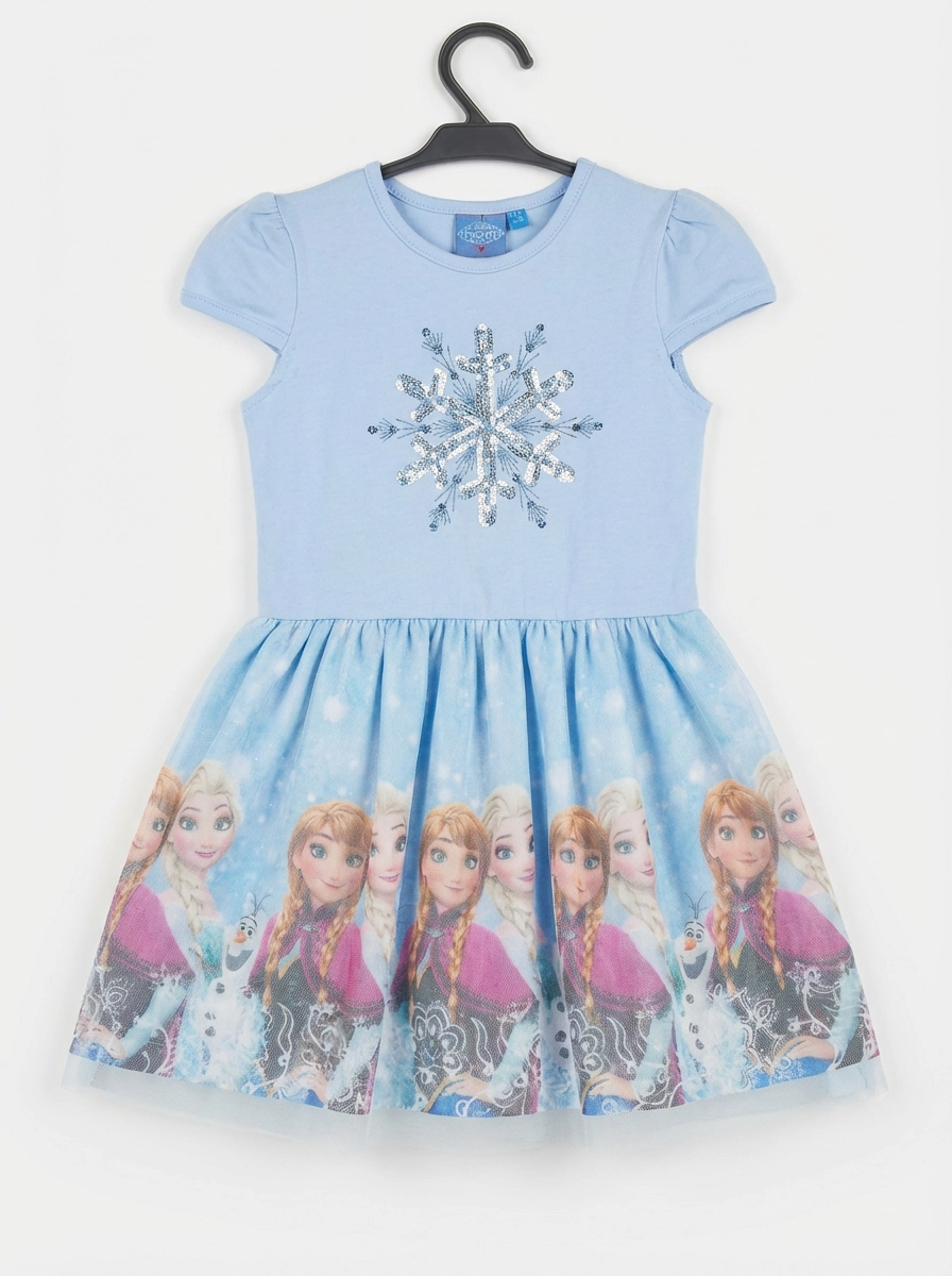 پیراهن توری چین دار دخترانه السا آنا طرح برف مناسب 4 تا 5 سال