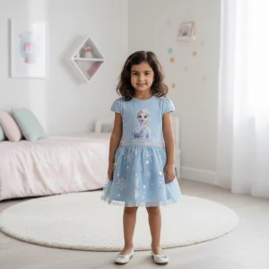 پیراهن توری چین دار دخترانه السا آنا مناسب 4 تا 5 سال