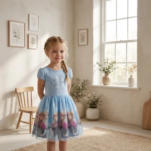 پیراهن توری چین دار دخترانه السا آنا طرح برف مناسب 4 تا 5 سال