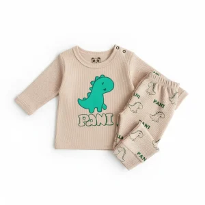 ست بلوز شلوار بیسکوئیتی طرح دایناسور نوزادی سایز 2 و 3