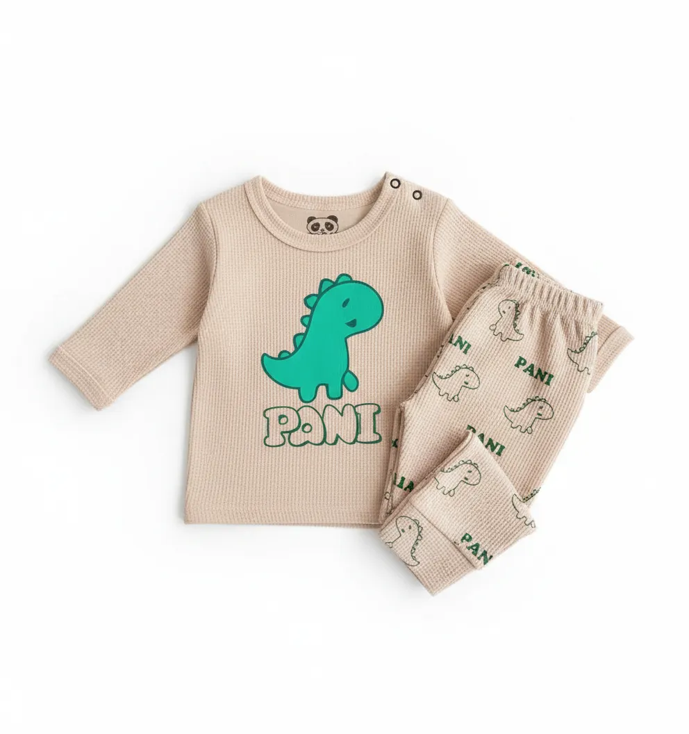ست بلوز شلوار بیسکوئیتی طرح دایناسور نوزادی سایز 2 و 3