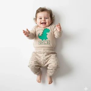 ست بلوز شلوار بیسکوئیتی طرح دایناسور نوزادی سایز 2 و 3