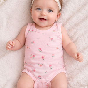 بادی زیر دکمه دار نوزادی طرح گل رنگ صورتی سایز 1 و 2 و 3