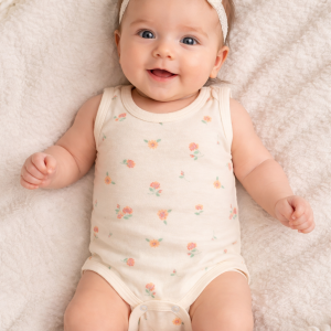 بادی زیر دکمه دار نوزادی طرح گل رنگ گلبهی سایز 1 و 2 و 3