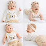 ست 5 تکه نوزادی نخی طرح باغ وحش سفید کرم تن خوری