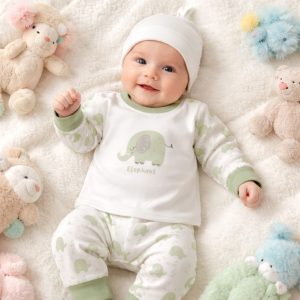ست بلوز شلوار نوزادی نخی سفید سبز طرح فیل سایز 2 و 3