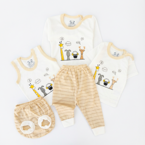 ست 5 تکه نوزادی نخی طرح باغ وحش سفید کرم سایز 0 و 1 و 2