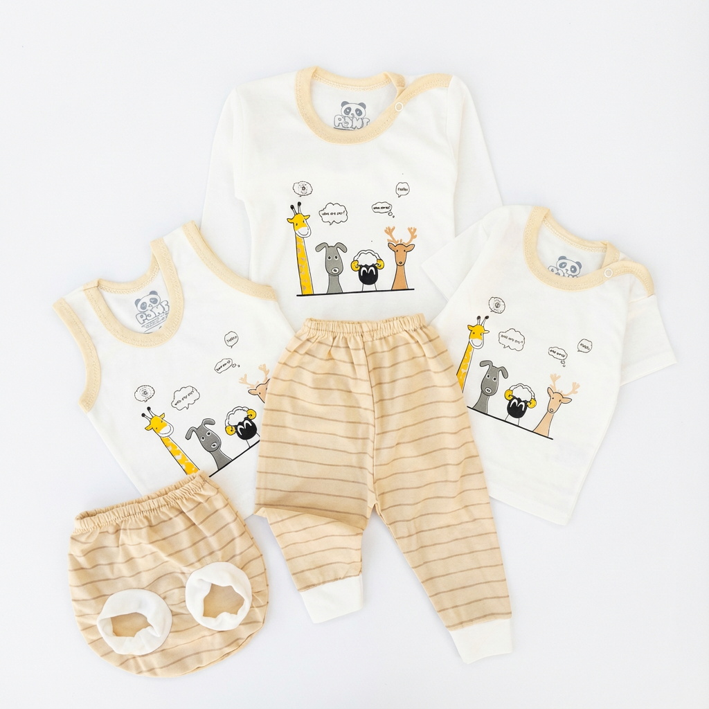 ست 5 تکه نوزادی نخی طرح باغ وحش سفید کرم سایز 0 و 1 و 2