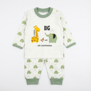 ست بلوز شلوار نوزادی نخی طرح فیل و زرافه سایز 2 و 3