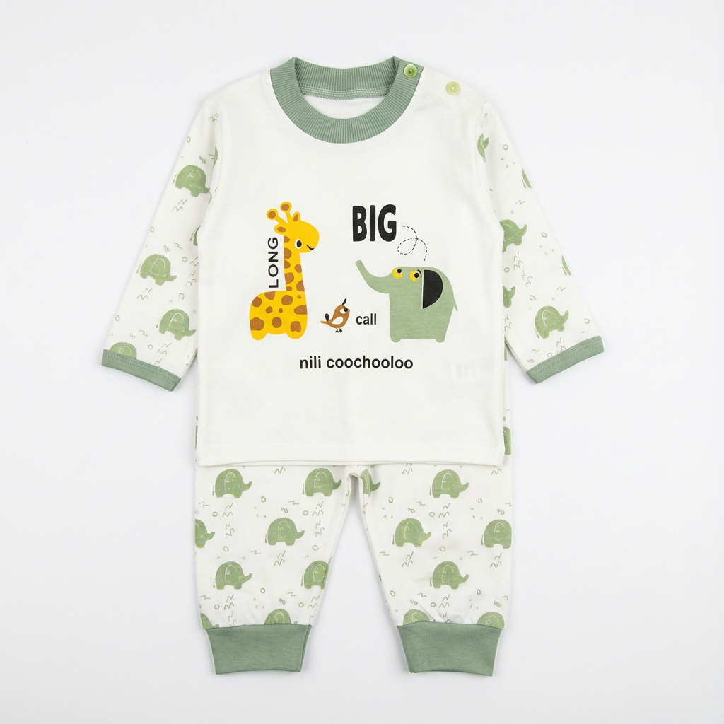 ست بلوز شلوار نوزادی نخی طرح فیل و زرافه سایز 2 و 3