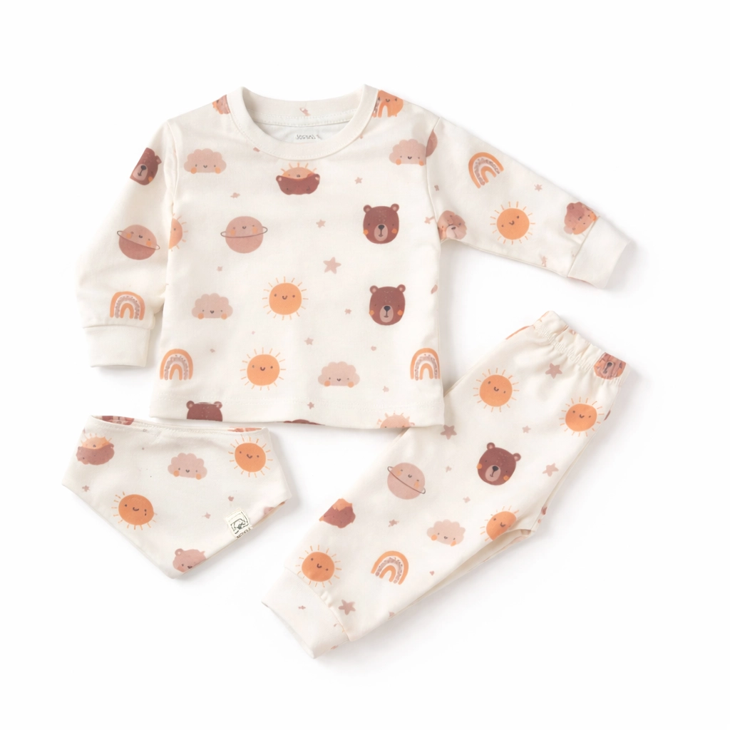 ست بلوز شلوار بچه گانه راحتی نخ پنبه طرح خرس و رنگین کمان