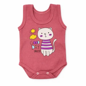 بادی نوزادی زیر دکمه دار جنس بیسکوئیتی طرح گربه سایز 1 تا 3