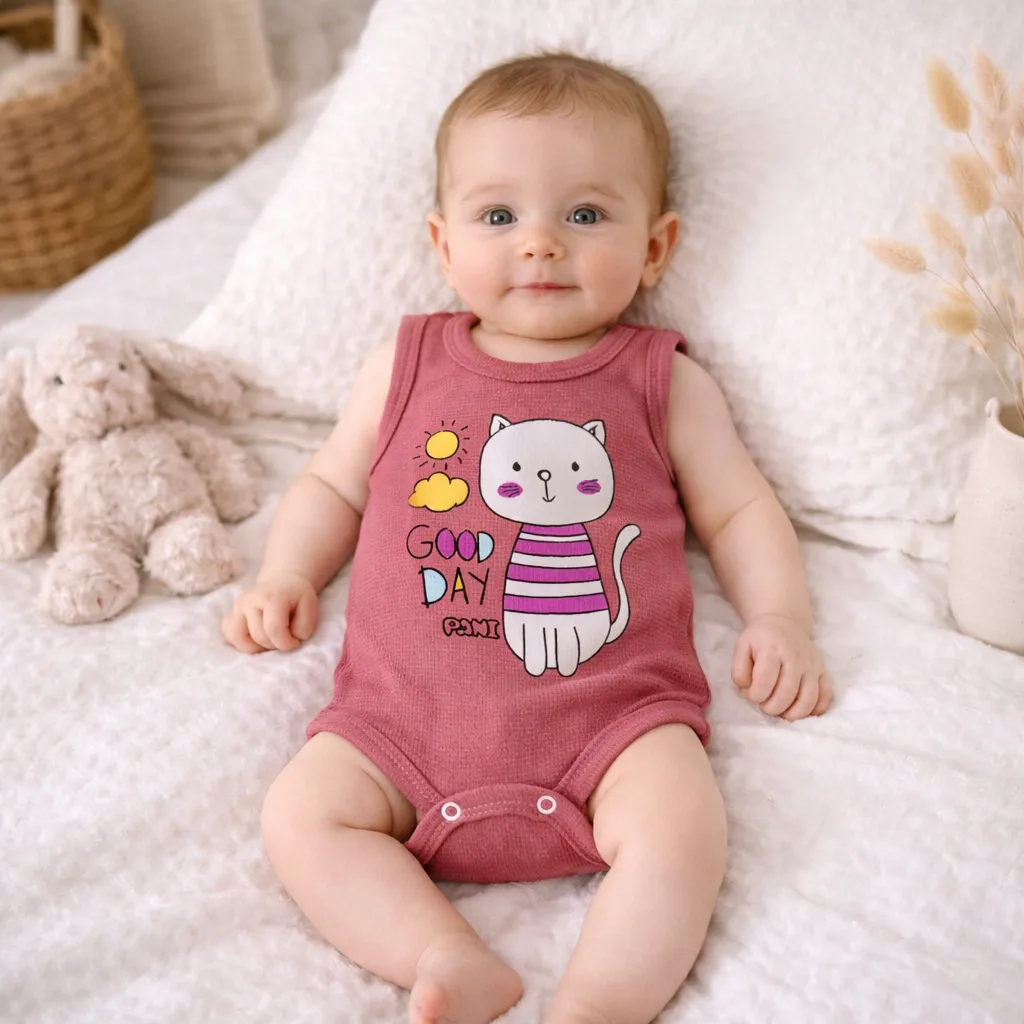 بادی نوزادی زیر دکمه دار جنس بیسکوئیتی طرح گربه سایز 1 تا 3