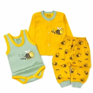 ست نوزادی بلوز شلوار و بادی طرح زنبور سایز 1 تا 3