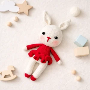 عروسک خرگوش قلاب بافی سفید قرمز