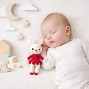 عروسک خرگوش قلاب بافی سفید قرمز