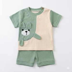 ست تیشرت شلوارک بچه گانه جنس کبریتی طرح خرس سایز 35 و 40 در 3 رنگ