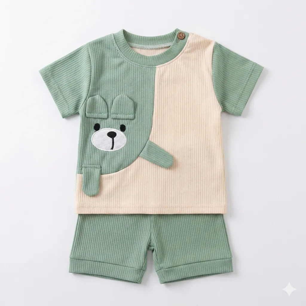 ست تیشرت شلوارک بچه گانه جنس کبریتی طرح خرس سایز 35 و 40 در 3 رنگ