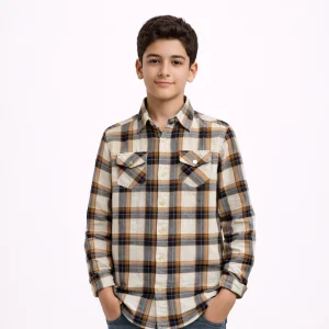 پیراهن پسرانه بچه گانه چهار خانه کرمی دکمه دار