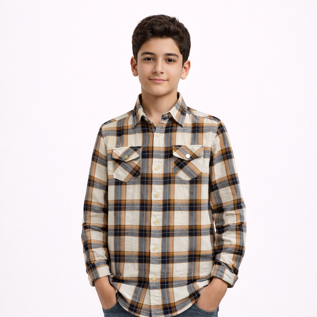 پیراهن پسرانه بچه گانه چهار خانه کرمی دکمه دار