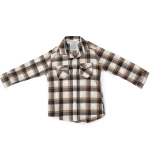 پیراهن پسرانه بچه گانه چهار خانه کرمی دکمه دار سایز S