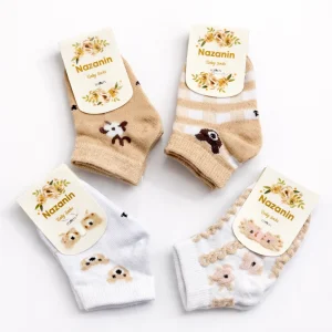 جوراب نوزادی سایز صفر طرح خرس و گل در 4 طرح مختلف