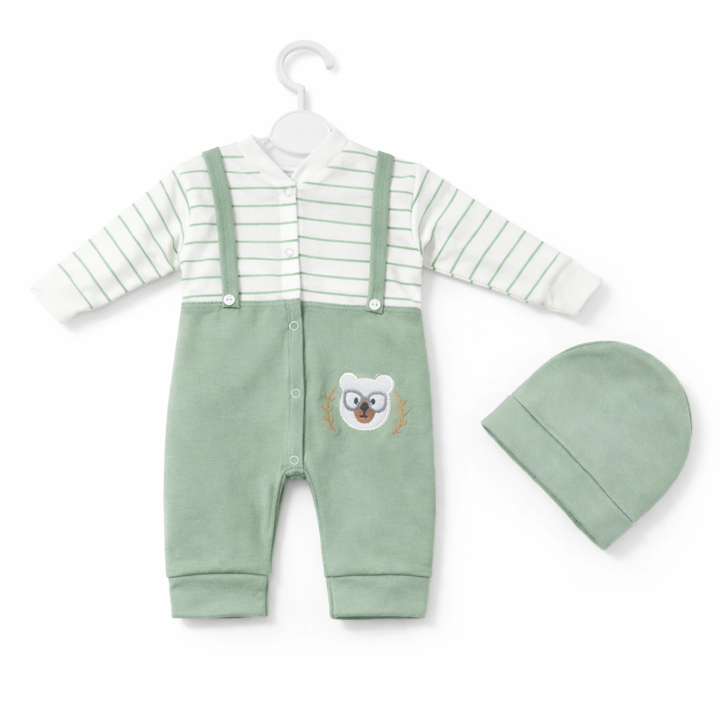 سرهمی نوزادی پلی استر پنبه اعلا سبز سفید همراه کلاه