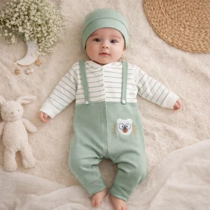 سرهمی نوزادی پلی استر پنبه اعلا سبز سفید همراه کلاه سایز 1 تا 3