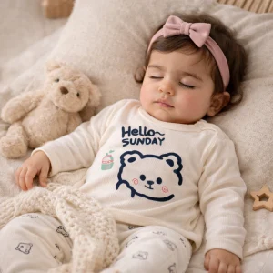 ست بلوز شلوار نوزادی کبریتی بسیار نرم طرح تدی سایز 2 و 3