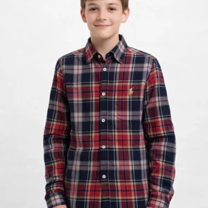 پیراهن پسرانه بچه گانه چهار خانه قرمز آبی دکمه دار سایز L