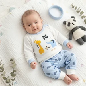 ست 5 تکه نوزادی نخی طرح فیل و زرافه جعبه دار سایز 0 و 1 و 2