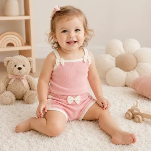 ست تاپ شلوارک بچه گانه دخترانه صورتی پاپیونی مناسب3 تا 18 ماه