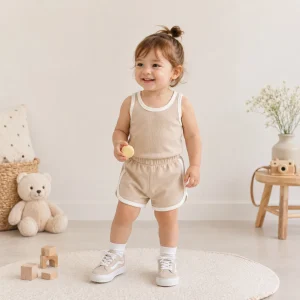 ست تاپ شلوارک بچه گانه کرمی مناسب 3 تا 18 ماه