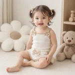 تن خوری ست تاپ شلوارک بچه گانه دخترانه سفید پاپیونی مناسب 3 تا 18 ماه