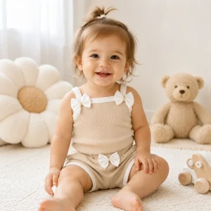 ست تاپ شلوارک بچه گانه دخترانه کرمی پاپیونی مناسب3 تا 18 ماه